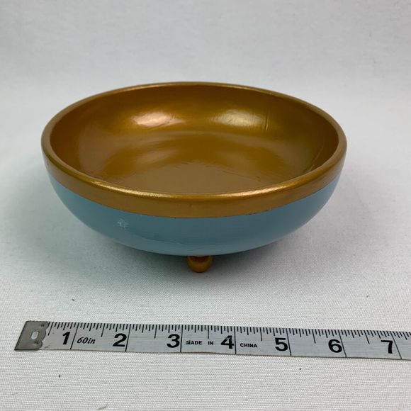 Wood Bowl Hand Painted Glossy Gold French Blue Footed Jewelry Trinket Dish - Picture 8 of 9